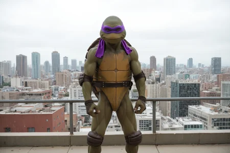 score_9, score_8_up, score_7_up, rating_safe, masterpiece, high quality, ((realistic, source_IRL)), BREAK, TMNTGroup, ((a group of four teenage mutant ninja turtles)), with red and blue and orange and purple bandana masks with eye-holes, standing on a city rooftop during the day, skyscrapers and rooftops and day sky in the background, <lora:TMNT_AIO_Pony:1>