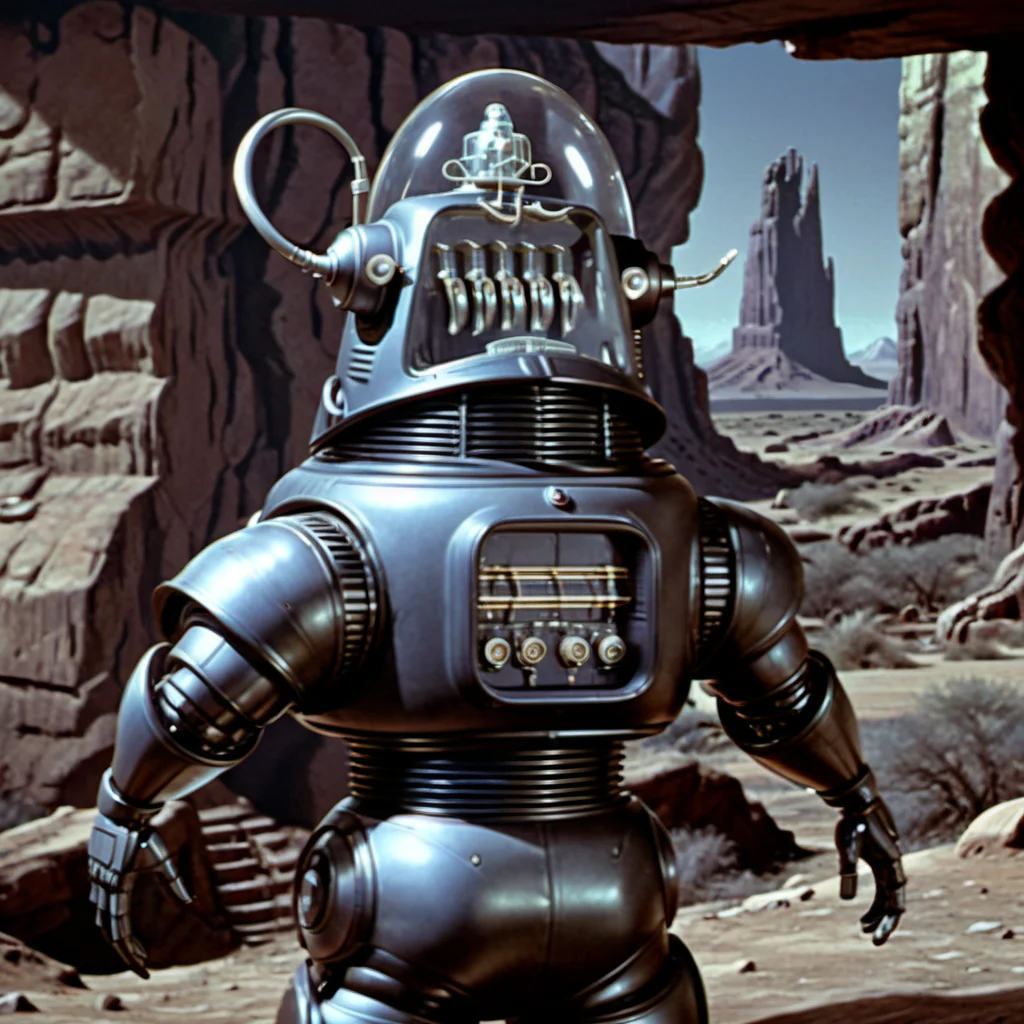 Robbie_FP50, 16k, movie still, ((cinematic)), full body standing robot, science fiction, realistic, (intricate details:1.1), retro artstyle, futuristic sci-fi background, helmet, (extremely detailed:1.3)<lora:small-Robbie_FP50_XL:1>