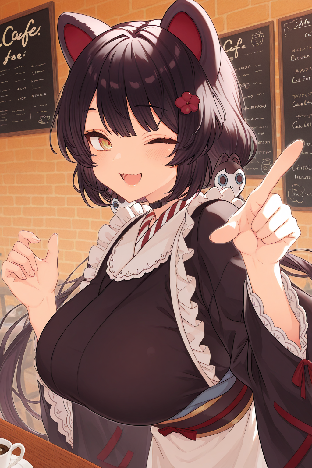 1girl, InuiTokoNijisanji, 
general, solo, upper body,
black hair, low twintails, hair ornament, hair flower,
open hand, pointing, smile, one eye closed, open mouth,
black kimono, white apron,
large breasts, 
cafe,
<lora:kp_InuiTokoNijisanjiIllustrious_v1_0:1.0>,
masterpiece, best quality, amazing quality