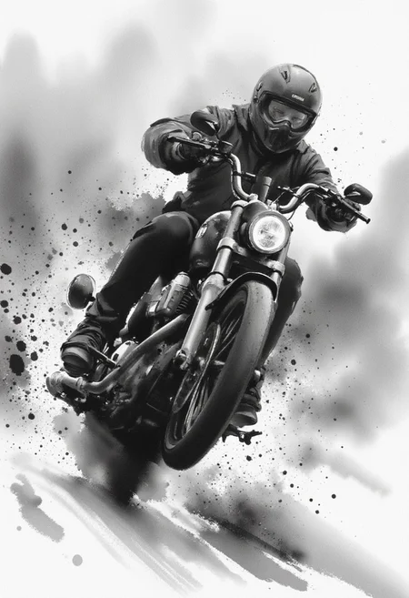 Scene Description: Motorcyclist in Ink Wash Style with dynamic angles.
Setting:
Background: The backdrop is a black ethereal ink wash, featuring soft gradients of grayscale that evoke a sense of grandeur and focus. The background is minimalistic, allowing the character and text to take center stage.
Main Character:
Motorcyclist: depicted in a powerful action shot riding a black Harley Davidson. The perspective angle enhances his stature, making him appear larger-than-life, radiating strength and confidence.
Details: character features are rendered with intricate brush strokes, capturing the essence of his ability. His helmet visor captures slight reflections, while subtle details like the texture of his clothing and the contours of his motorbike are highlighted through the ink wash technique.