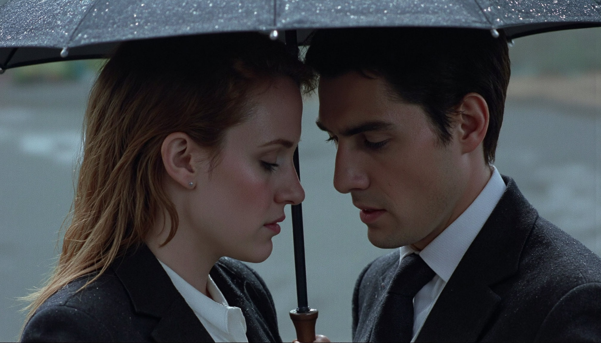 cinematic close-up shot of a man and a woman on a street on a very rainy day. Both are wearing business clothes, very wet hair and wet skin, hair stuck to their faces. They are leaning towards each other to fit under the same umbrella. Soft dim natural light on a overcast day. High resolution. 2000s movie <lora:dark_cinematic-000080:1>