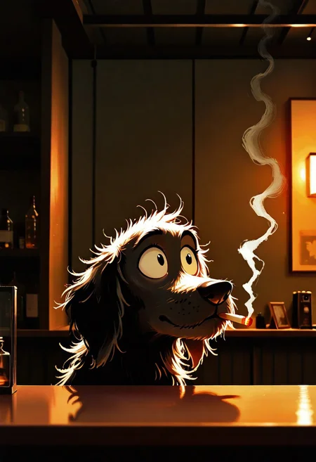 a whimsical dog smoking a cigarette, counter, bar, indoors, dim light, smokey atmosphere, portrait, photo \(medium\), scenery, volumetric lighting, masterpiece, best quality, good quality, very awa, very aesthetic, absurdres, newest, opill
