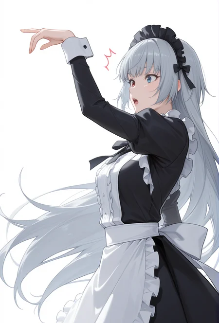 Smooth Quality,masterpiece,very intricate, high quality details, ultra realistic, high detailed skin,detailed enviorement,absurdres,
simple background, white background,solo,
from side,dancing, 
surprised,
 <lora:Valentine_CNR:0.8> valentine_cnr, 1girl, blue eyes, grey hair,red eyes,  heterochromia, blue eyes,very long hair,  valentine_maid,black ribbon, bow, dress, frills,juliet sleeves, maid apron,black maid headdress, puffy sleeves, ribbon,