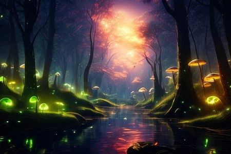 A very dark forest, very realistic, 8k, uhd, a river with green glowing fish in the water, fireflies that glow purple, and a fire around the black, unknowable creatures sitting,