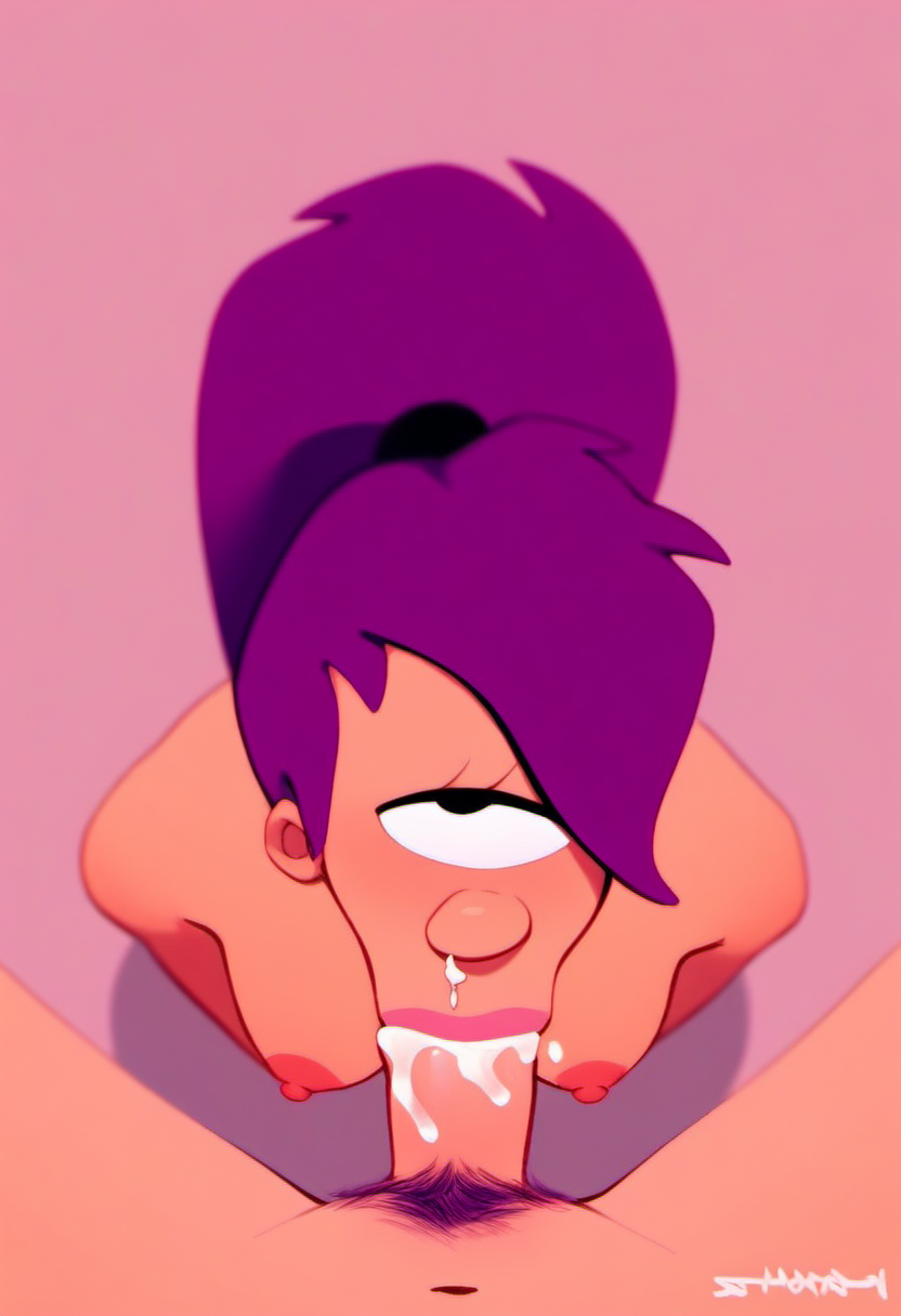 rating_safe,  source_cartoon, <lora:Turanga_Leela_for_PonyXL:1>, turanga_leela, 1girl, nipples, solo, pubic hair, female pubic hair, nude, medium breasts, ponytail, pussy, makeup, navel, kneeling, looking up, looking at viewer, mouth full, cum coming out of her nose, deepthroat, irramatio, white dick, human, adult, ( pov, blowjob:1.3), score_9, score_8_up, score_7_up, score_6_up, score_5_up, score_4_up
