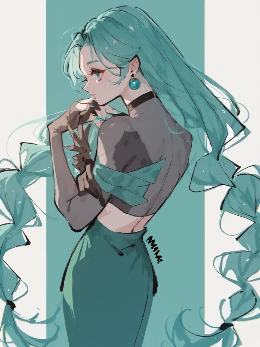 score_9, score_8_up, score_7_up, score_6_up, score_5_up, score_4_up, <lora:mrnXLP:1> mrn, 1girl, teal