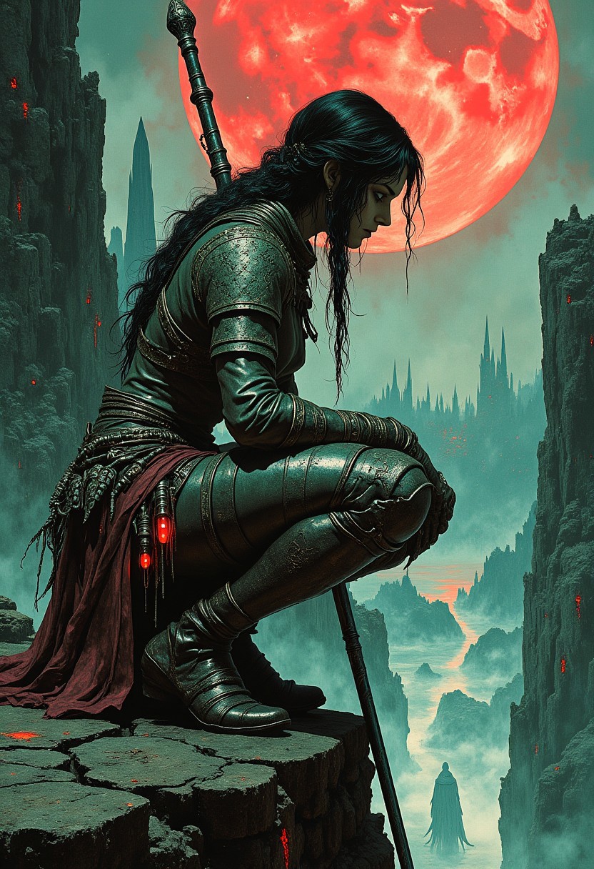 A deadly and agile huntress crouches low in a poised, predatory stance on the jagged edge of a crumbling cliff, overlooking a shadowy abyss filled with swirling mist. Her lean frame leans forward, one hand gripping the hilt of a sleek, black-bladed dagger glowing faintly with runic etchings, while her other arm steadies a long, intricately carved spear resting against her shoulder. Her raven-black hair is tied in a loose braid that flows down her back, interwoven with small, glinting metal beads. Her piercing, emerald-green eyes are locked on a distant foe, her expression a mixture of calm intensity and cold calculation.
Her outfit is a blend of dark leather and scale-like armor plates that shimmer with an iridescent hue, blending seamlessly into the dark fantasy environment. Adorning her chest are bone-like adornments carved with ancient symbols, while faintly glowing red vials hang from her belt, pulsing like a heartbeat.
The backdrop reveals a perilous world of towering stone spires, jagged cliffs, and an eerie, blood-red moon casting long, menacing shadows. Below, the mist churns with faint glimpses of monstrous shapes lurking within. In the distance, the faint sound of wailing echoes through the wind, adding to the dread-filled atmosphere. She crouches with predatory grace, her spear ready to strike as though she is the shadow itself, poised to deliver swift, silent death.