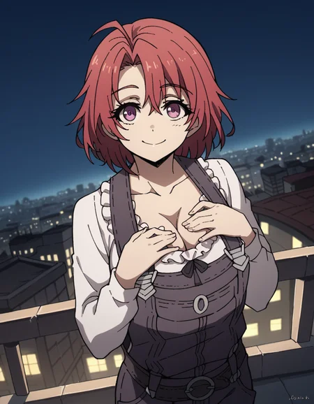 score_9, score_8_up, score_7_up, source_anime, <lora:cow-girl-s2-ponyxl-lora-nochekaiser:1>, cow girl, ahoge, red hair, purple eyes, short hair, large breasts,, cleavage, collarbone, frills, long sleeves, overalls, suspenders,, city skyline, rooftop view, night time, city lights, quiet reflection, smile, looking at viewer, hands on own chest, smile, solo,, cowboy shot, dutch angle
