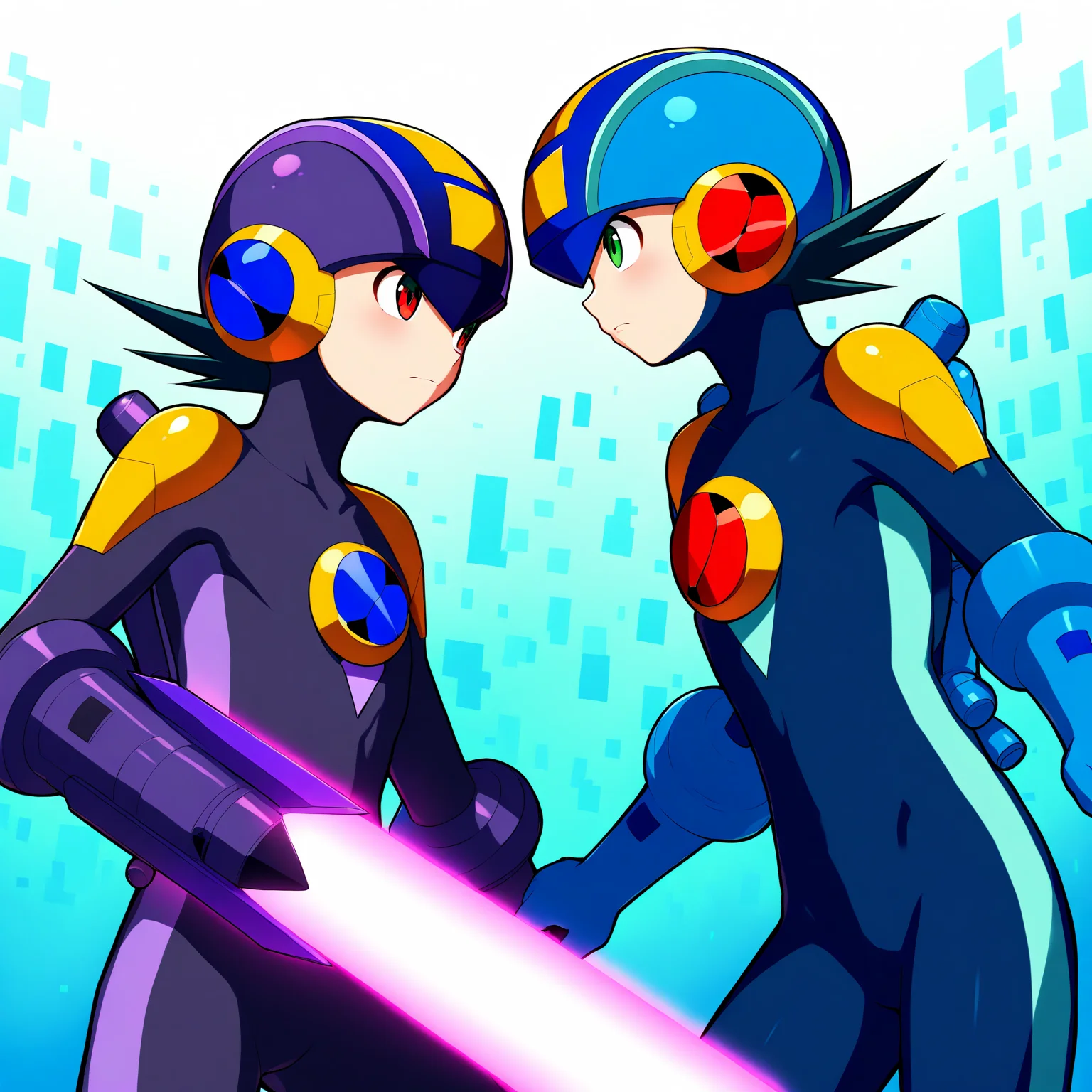 <lora:dark_megaman_V1-2:1>,2boys,helmet,multiple boys,male focus,bodysuit,battle,duel,eye contact,Energy Sword,arm blade,sword,weapon BREAK dark megaman.exe,dark megaman.exe\(anime\) BREAK megaman.exe,looking at another,upper body,masterpiece,high score,great score,absurdres,