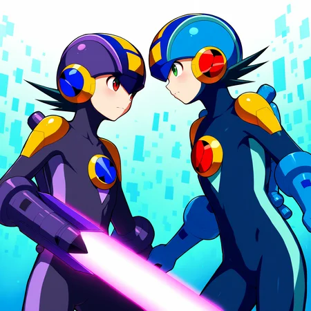 <lora:dark_megaman_V1-2:1>,2boys,helmet,multiple boys,male focus,bodysuit,battle,duel,eye contact,Energy Sword,arm blade,sword,weapon BREAK dark megaman.exe,dark megaman.exe\(anime\) BREAK megaman.exe,looking at another,upper body,masterpiece,high score,great score,absurdres,
