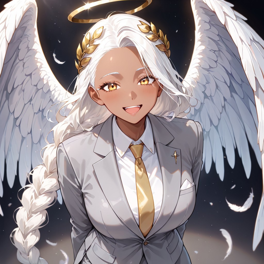 masterpiece, best quality, newest, absurdres, highres, 
DFV1.0 
1girl, dark skin, dark-skinned female, grey suit, suit official attire, official clothes, nectie, yellow necktie, white hair, long hair, braid, single braid, angel, angel girl, halo, wings, angel wings, smile, happy, open eyes, golden eyes, laurel crown,