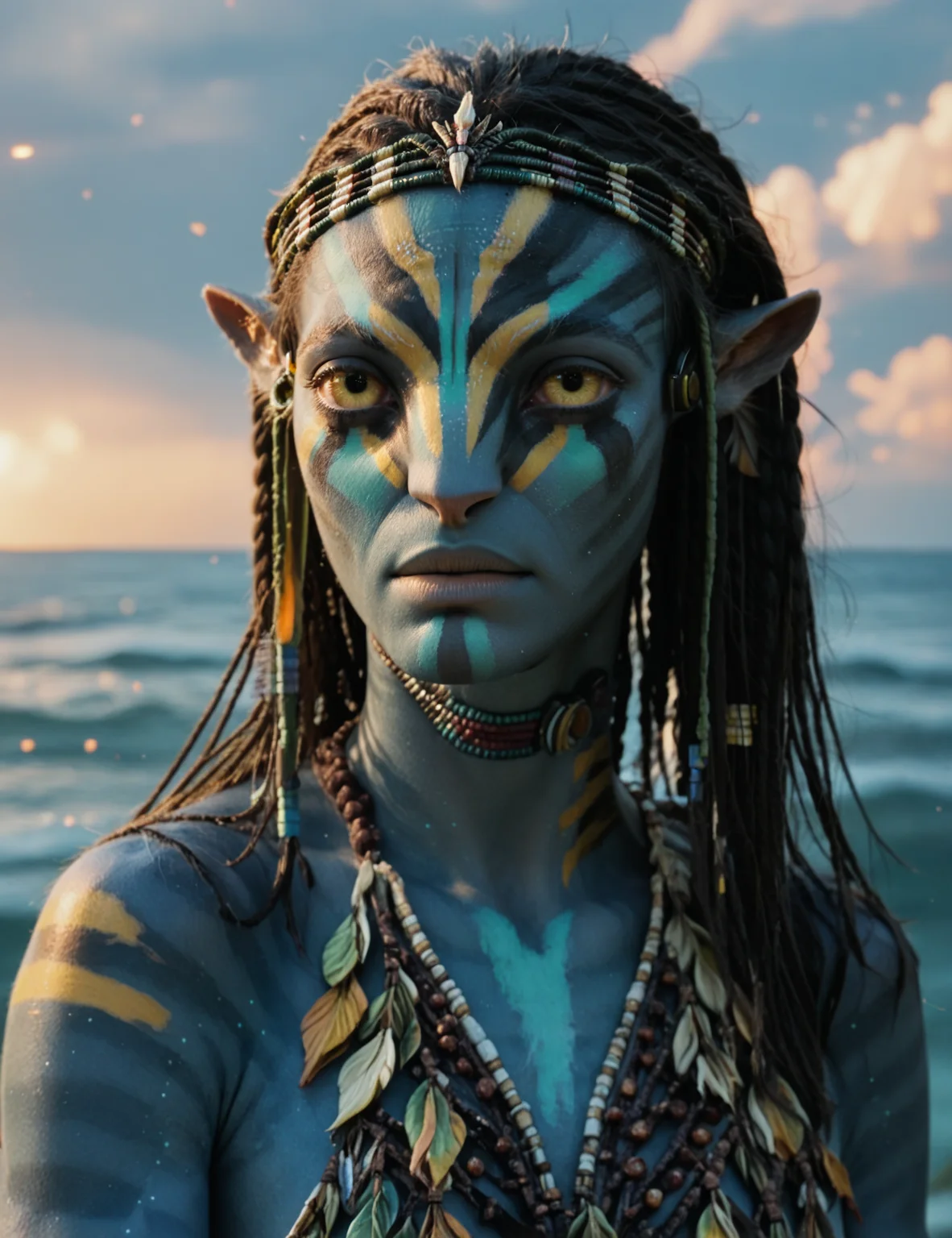 portrait, 1girl, looking at the viewer, war paint, sky background, sea, headwear, pointed ears<lora:Neytiri:1> neytiri, score_9, score_8_up, score_7_up, score_6_up