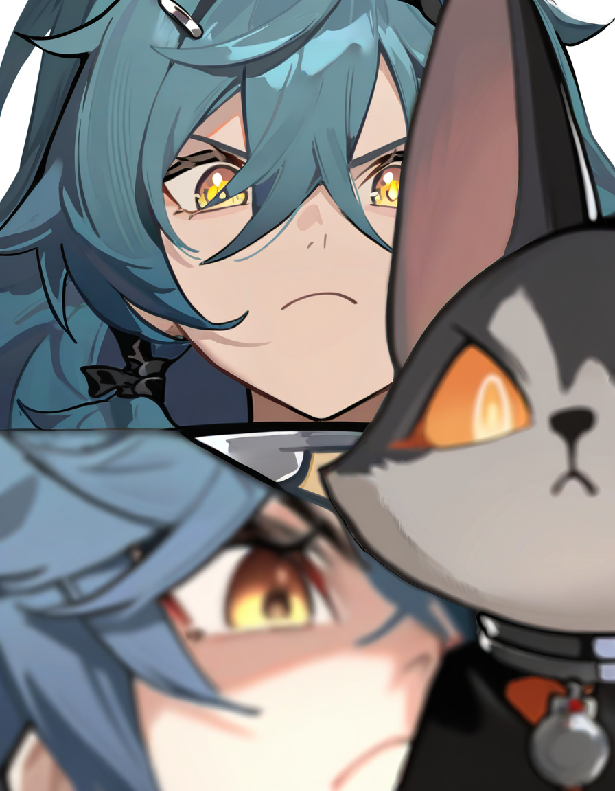 xytx-cihui,1girl,yellow eyes,hair between eyes,looking at viewer,closed mouth,frown,white background,simple background,cat,portrait,blue hair,
<lora:cihui_noob2:1>,masterpiece,best quality,very aesthetic,absurdres,