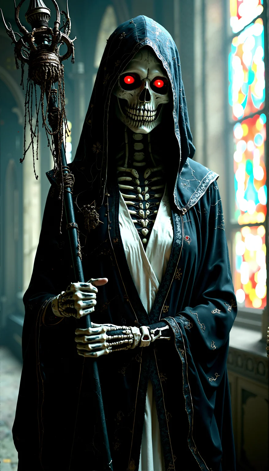 The figure stands with arms crossed over her chest, holding a staff decorated with skeletal elements in one hand, her posture regal and commanding.
Photorealistic portrayal of a undead beauty, gothic figure with a skeletal figure, dressed in an intricate black and white robe adorned with web-like patterns, standing in a dimly lit, ancient cathedral with eerie, red-glowing eyes.
Close-Up on the Eyes: A tight close-up shot focusing on her glowing red eyes, with the intricate details of her skeletal mask barely visible under the hood, creating a sense of intense, mysterious focus.
Soft, diffused light filtering through cracked stained-glass windows, casting eerie, multicolored shadows across her figure.
cinematic lighting, extremely intricate detail character, accurate depiction of character, correct body anatomy, correct hands and fingers, extremely intricate skin and facial skin texture detail, lifelike potrayal, extremely realistic lighting, extreme dynamic pose. Extremely sharp detail without blurring