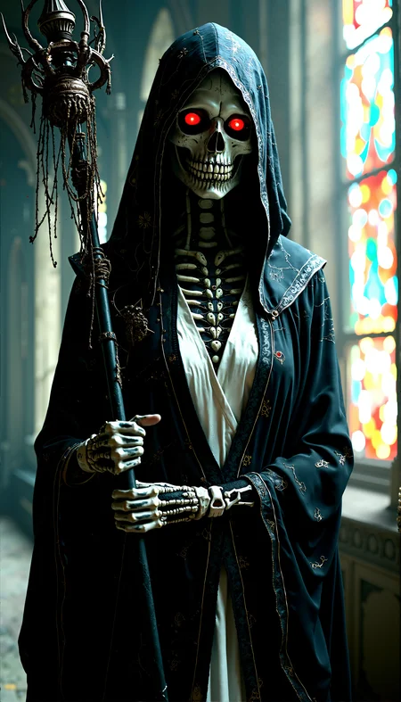 The figure stands with arms crossed over her chest, holding a staff decorated with skeletal elements in one hand, her posture regal and commanding.
Photorealistic portrayal of a undead beauty, gothic figure with a skeletal figure, dressed in an intricate black and white robe adorned with web-like patterns, standing in a dimly lit, ancient cathedral with eerie, red-glowing eyes.
Close-Up on the Eyes: A tight close-up shot focusing on her glowing red eyes, with the intricate details of her skeletal mask barely visible under the hood, creating a sense of intense, mysterious focus.
Soft, diffused light filtering through cracked stained-glass windows, casting eerie, multicolored shadows across her figure.
cinematic lighting, extremely intricate detail character, accurate depiction of character, correct body anatomy, correct hands and fingers, extremely intricate skin and facial skin texture detail, lifelike potrayal, extremely realistic lighting, extreme dynamic pose. Extremely sharp detail without blurring