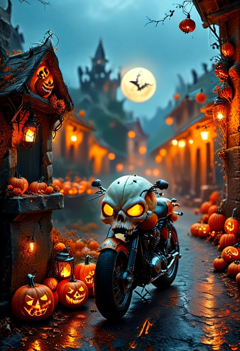 ultra realism, high quality, high resolution 8K and above, stable and accurate focus, ultra correct and accurate anatomy, super detail, many elements and details, on a Halloween themed image in a rock style ghost town. The moon illuminates the eerie street, along the street rocker bikes decorated in Halloween style for the holiday and the bats that accompany the rockers. on the terraces of the apartment buildings Pumpkins with carved faces glow like lanterns, and cobwebs cover the old buildings, hanging skeletons from the terraces and on the street light poles creating an atmosphere of horror, mystery and excitement."
Colors: Orange, black, purple, dark blue, green.
Objects: Pumpkins, broomsticks, bats, cobwebs, cauldrons, skeletons, lattice cages, motorbikes, lanterns, graves, coffins, skulls and bones, skull-shaped ashtrays, goth glasses,
Emotions: horror, fear, parody
Atmosphere: Dark, mysterious, exciting.
Styles: realistic, gothic, rock