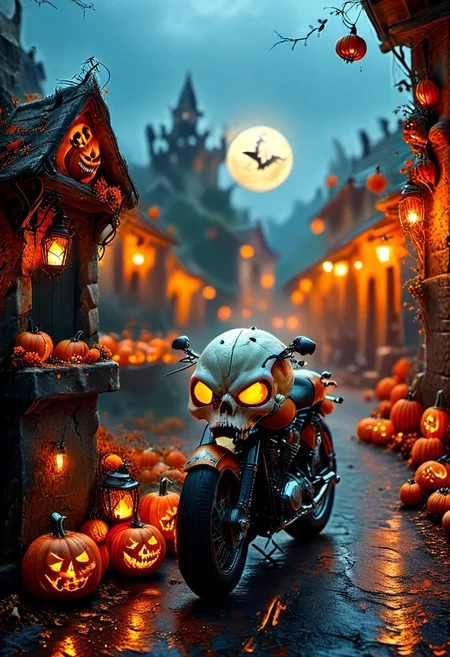 ultra realism, high quality, high resolution 8K and above, stable and accurate focus, ultra correct and accurate anatomy, super detail, many elements and details, on a Halloween themed image in a rock style ghost town. The moon illuminates the eerie street, along the street rocker bikes decorated in Halloween style for the holiday and the bats that accompany the rockers. on the terraces of the apartment buildings Pumpkins with carved faces glow like lanterns, and cobwebs cover the old buildings, hanging skeletons from the terraces and on the street light poles creating an atmosphere of horror, mystery and excitement."
Colors: Orange, black, purple, dark blue, green.
Objects: Pumpkins, broomsticks, bats, cobwebs, cauldrons, skeletons, lattice cages, motorbikes, lanterns, graves, coffins, skulls and bones, skull-shaped ashtrays, goth glasses,
Emotions: horror, fear, parody
Atmosphere: Dark, mysterious, exciting.
Styles: realistic, gothic, rock
