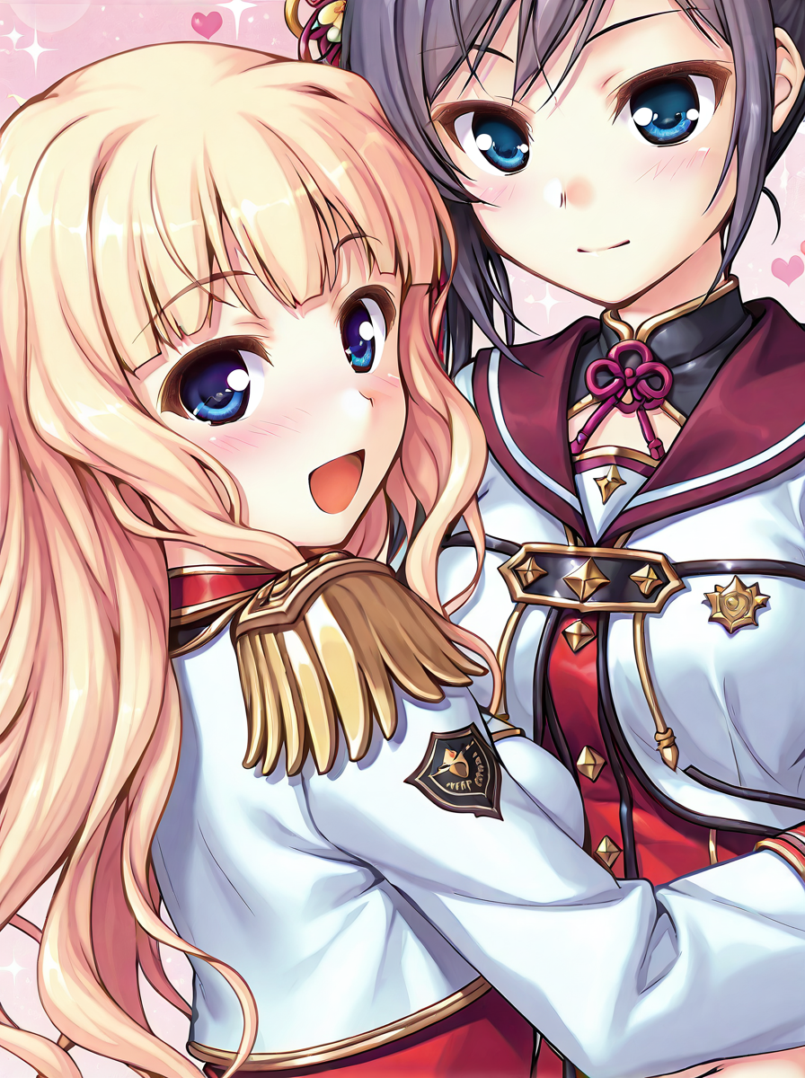 shiny skin, posing,
<lora:senmomo.il:1>,
senmomo,
(2girls:1.5), 
elsa, hotori,
heart, glitter, sparkle, bloom, 
general, safe, yuri,
