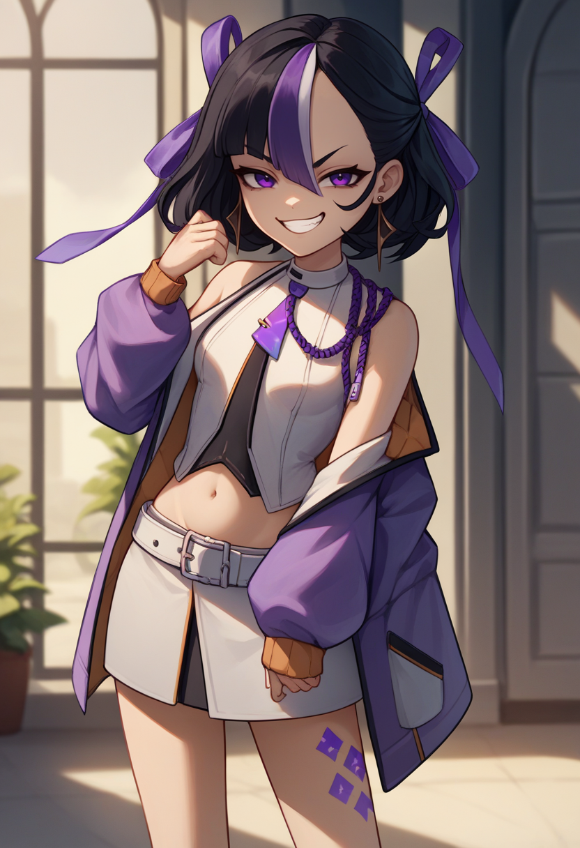 score_9, score_8_up, score_7_up, source_anime BREAK 1girl, solo, standing, <lora:syuen-nikke-richy-v1_pdxl:1> syuen, purple eyes, black hair, streaked hair, short hair, bangs, hair ribbon, earrings, purple jacket, necktie, detached sleeves, sleeveless, crop top, navel, midriff, skirt, belt, leg tattoo, long legs, standing, smug, grin, looking at viewer