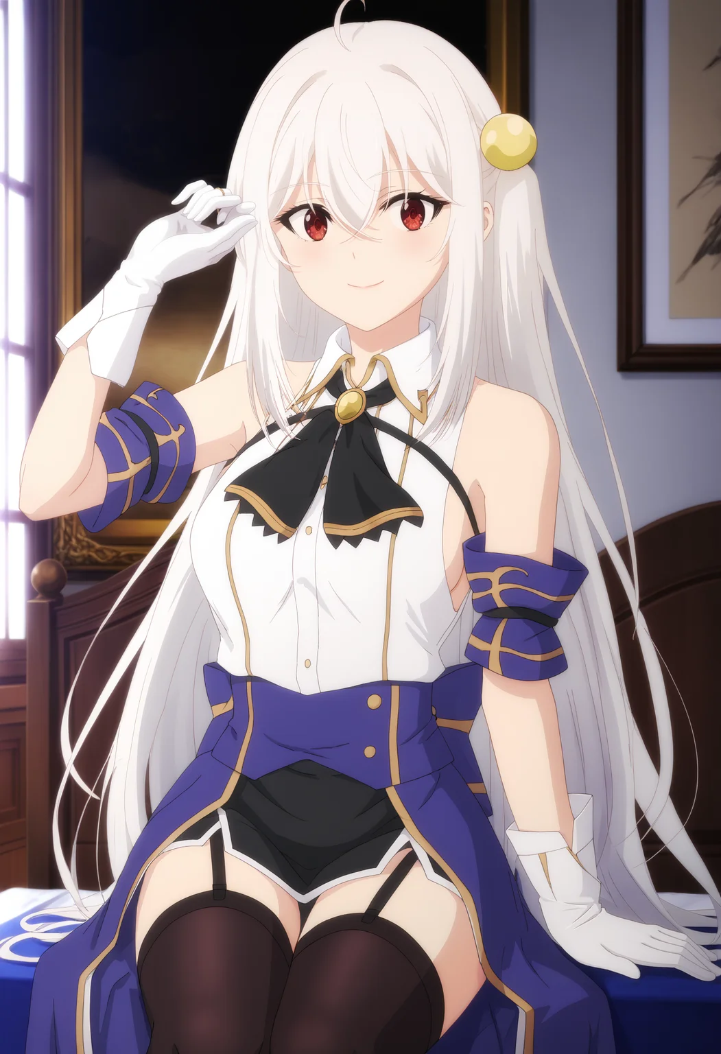 Ninym Ralei,solo,white gloves,red eyes,long hair,smile,garter straps,sleeveless shirt,white shirt,black thighhighs,looking at viewer,black skirt,backlighting,hair ornament,closed mouth,white hair,bare shoulders,hair between eyes,collared shirt,very long hair,indoors,cowboy shot,ascot,breasts,crossed bangs,detached sleeves,sitting,wariza,black ascot,<lora:Ninym Ralei:1>