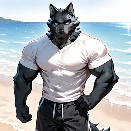score_9, score_8_up, score_7_up, masterpiece, high budget, best style, 4k render, 8k render, high resolution, ultra detail, very high rating, (smooth lines), cartoon style, 2d, 1boy, solo, black wolf, anthro, furry, red eye, muscular, muscular male, black fur, good muscular fur, on the beach, black and white shorts, white and red t-shirt