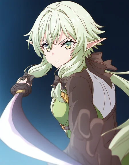 masterpiece, best quality, newest, absurdres, highres, safe,, <lora:high-elf-archer-s2-ponyxl-lora-nochekaiser:1> high elf archer, long hair, green eyes, bow, hair bow, black bow, sidelocks, green hair, pointy ears, elf, mature female, small breasts, anime screencap, <lora:gatotsu-stance-illustriousxl-lora-nochekaiser:1>, gatotsu stance, weapon, sword, katana, holding weapon, holding, holding sword, foreshortening, japanese clothes, kimono, looking at viewer,, ,