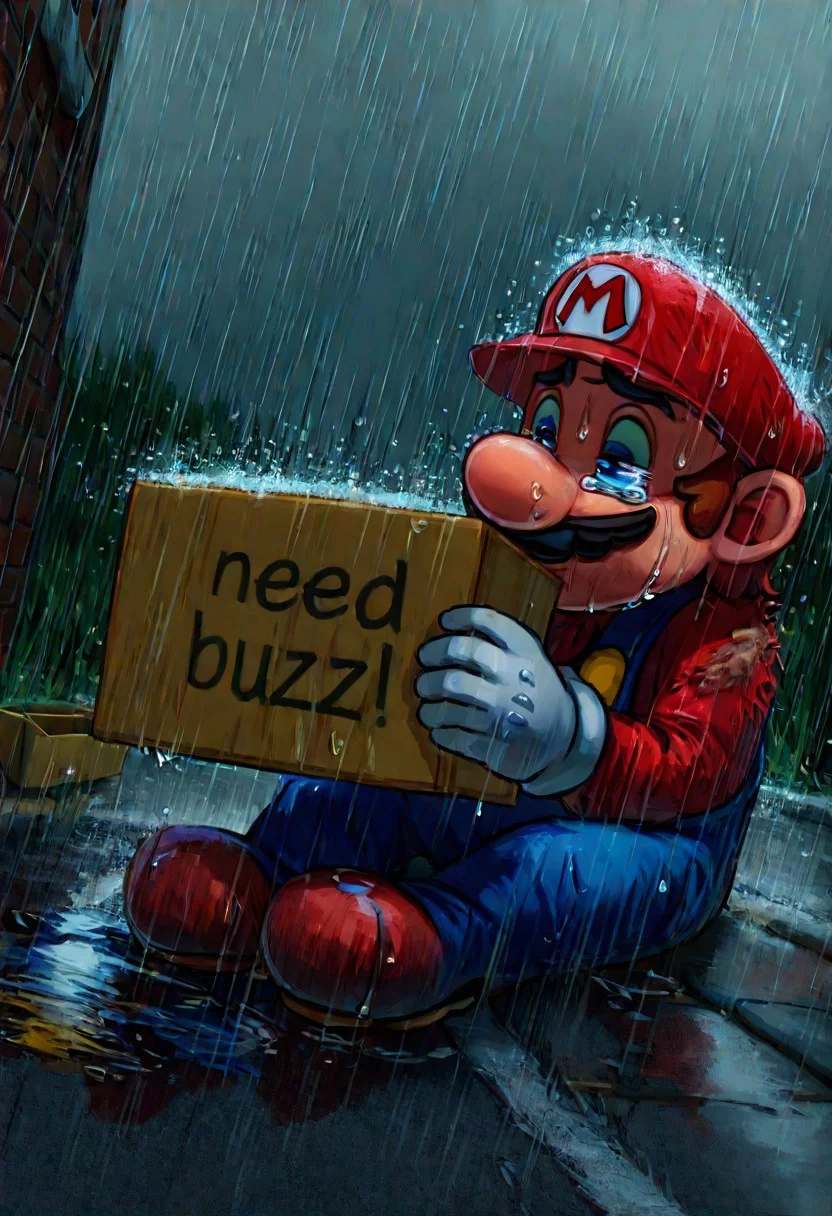 detailed, Mario, sad eyes, sad, crying, ragged clothes, beggar, blurry people walking past, need_buzz, holding sign, holding a I need buzz sign, (sitting, outdoors, rain, wet, street, grey background, cartoon box, homeless, hunched, old bum)