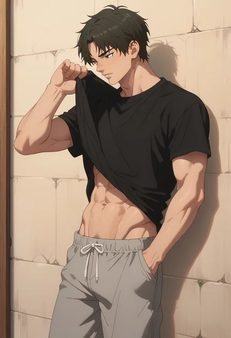 score_9, score_8_up, score_7_up, source_anime, rating_explicit, Ousfection, 1boy, male focus, anime screencap, hands with five fingers, pulling-up black shirt, abs, against a wall, grey pants,