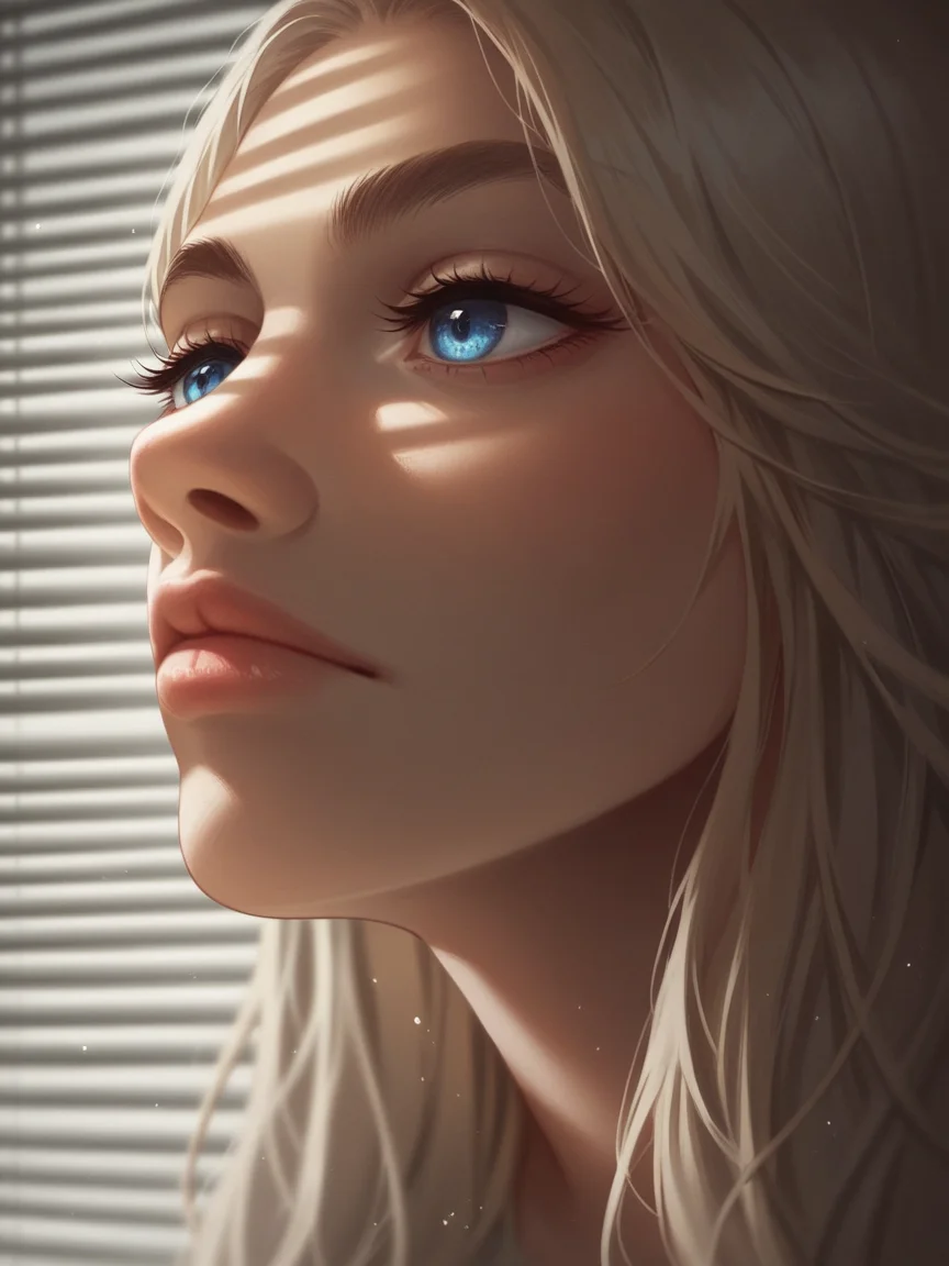 score_9, score_8_up, score_7_up, score_6_up, score_5_up, score_4_up, <lora:V3n3t14nXLP2:1> v3n3t14n, venetian blinds lighting, low light, dark room, lined lighting, long hair, 1girl, light particles, closed mouth, <lora:1dkXLP:0.3> 1dk, close-up, blue eyes, eyelashes
