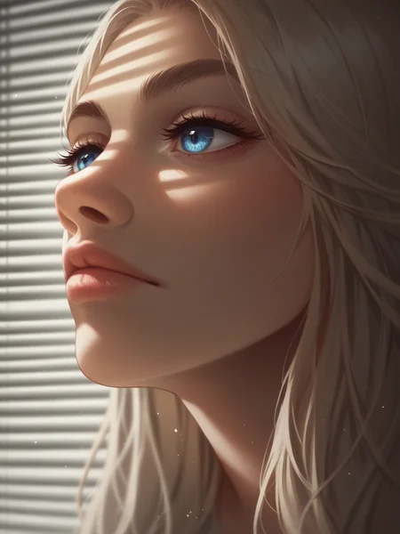 score_9, score_8_up, score_7_up, score_6_up, score_5_up, score_4_up, <lora:V3n3t14nXLP2:1> v3n3t14n, venetian blinds lighting, low light, dark room, lined lighting, long hair, 1girl, light particles, closed mouth, <lora:1dkXLP:0.3> 1dk, close-up, blue eyes, eyelashes