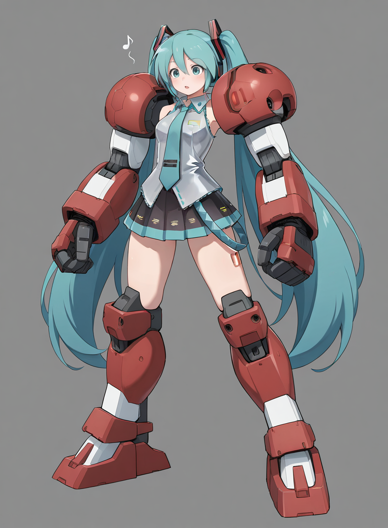 <lora:Illustrious_Gundam_AGE-1_Titus_Limbs_Madoka_Titus_Meme:0.75>, QBtitus, huge mechanical arms, large mechanical legs, standing, full body, hatsune miku, masterpiece,