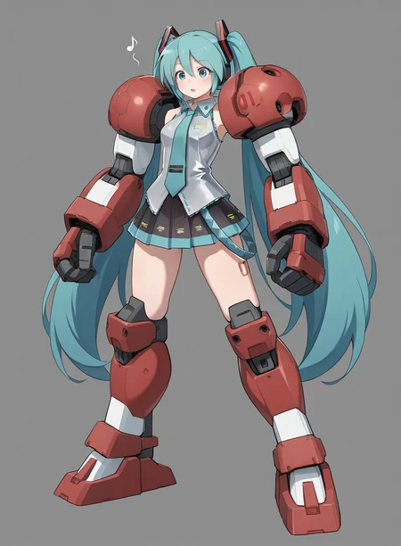 <lora:Illustrious_Gundam_AGE-1_Titus_Limbs_Madoka_Titus_Meme:0.75>, QBtitus, huge mechanical arms, large mechanical legs, standing, full body, hatsune miku, masterpiece,