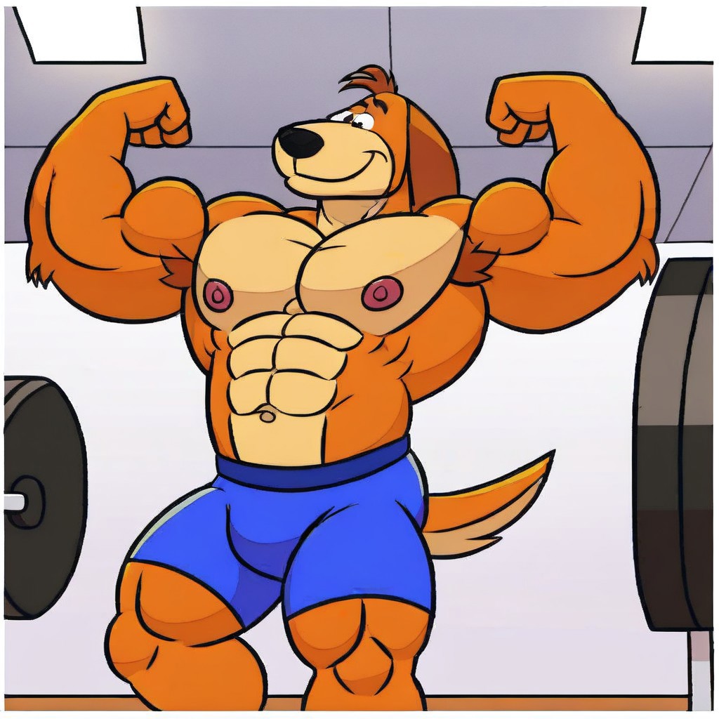 doggy daddy, solo, furry, male, bara, flexing muscles, at the gym , dog boy, tail, cartoon, detailed art
