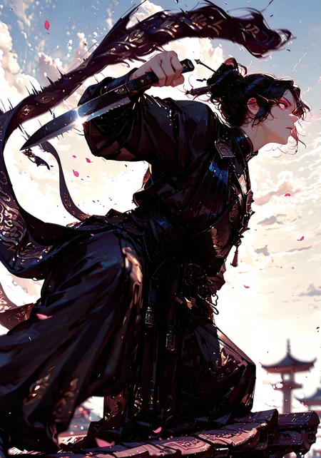 masterpiece, best quality, good quality, very aesthetic, absurdres, newest, 8K, depth of field, focused subject, visual storytelling, dynamic composition,
stylized, scenery, bokeh, blurred background, 
Black Myth Wukong, 1boy, solo, Kael Vireon, Wukong hairstyle,
chinese mythology, (dynamic pose:1.3), eye-trails, fighting-stance, eye trail, zone-eyes, high speed motion, intense action shot, curved black knife, (carvings on the knife)
upper body focus,
storm aura, divine energy, long flowing sash, ancient armor, windblown hair, dramatic sky, celestial clouds, mythic scale, sakura petals, cinematic composition, backlighting, volumetric light, storytelling scene, symbolic environment, god-tier illustration,(sketch:1.3), in the style of cksc, detailed hand grip on knife