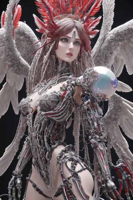 complex 3d render ultra detailed beautiful death angel, biomechanical cyborg, analog 150 mm lens, beautiful natural soft rim light, crystal feathers, roots, fine foliage lace, colorful details, Boris Bidjan Saberi outfit, pearl earrings, piercing, art nouveau fashion embroidered, intricate details, mesh wire, mandelbrot fractal, facial muscles, cable wires, microchip, badass, hyper realistic, ultra detailed, octane render, volumetric lighting, 8k post-production, red and white with a bit of black, detailled metalic bones, semi human, iridescent colors, Glenn Brown style, futuristic room, power of the god, high-angle shot, complex body poses