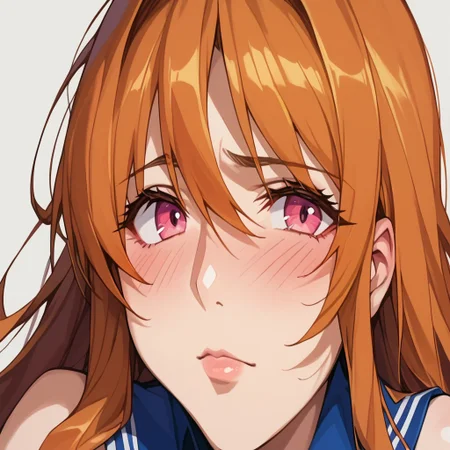 score_9,score_8_up,score_7_up,score_6_up, Artist Style:urushihara_satoshi, hd, high quality, 1woman, solo, young, hot, sexy, busty,tenmyoin_seiryu, tenmyoin seiryu, 1woman, Female, 18 years old, Pink eyes, (Brown hair, Orange hair), long hair, hair_between_eyes, eyebrows_hidden_by_hair, sidelocks, large breasts, female_pubic_hair, blushing, blue skirt, white serfuku, yellow details, red bow,