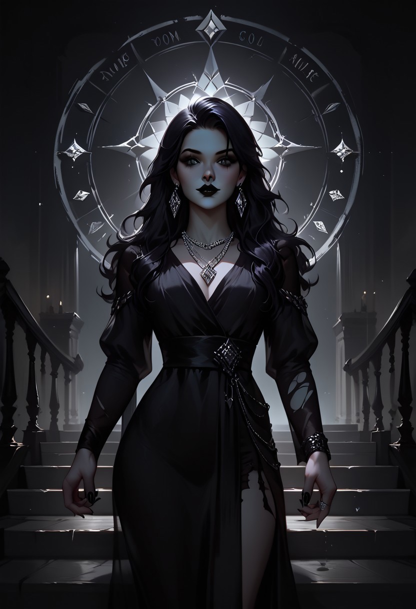 score_9, score_8_up, highly detailed, score_7_up, easynegative, concept art, realistic, dark theme, perfect quality, highly detailed, low light, face focus, anatomically perfect, handfixer
cowboy shot, gothic fantasy style, wide gothic grey marble staircase, outdoor scene,
1girl, 30 years old woman, tall regal figure, slender body, angelic beauty, pale skin, barefoot, slightly torn elegant long black robes, holes in robe, dark black messy hair, waist length hair, sharp nose, diamond nose stud, dark eyes, almond shaped eyes, black nail polish, standing at top of the staircase, black lipstick, soft smile, silver ring with ruby stone, silver diamond earrings, silver necklace with ruby medallion, looking at viewer, holding purple magical runes in each hand, Glowing Runes, Glowing Rune Circle