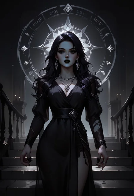 score_9, score_8_up, highly detailed, score_7_up, easynegative, concept art, realistic, dark theme, perfect quality, highly detailed, low light, face focus, anatomically perfect, handfixer
cowboy shot, gothic fantasy style, wide gothic grey marble staircase, outdoor scene,
1girl, 30 years old woman, tall regal figure, slender body, angelic beauty, pale skin, barefoot, slightly torn elegant long black robes, holes in robe, dark black messy hair, waist length hair, sharp nose, diamond nose stud, dark eyes, almond shaped eyes, black nail polish, standing at top of the staircase, black lipstick, soft smile, silver ring with ruby stone, silver diamond earrings, silver necklace with ruby medallion, looking at viewer, holding purple magical runes in each hand, Glowing Runes, Glowing Rune Circle