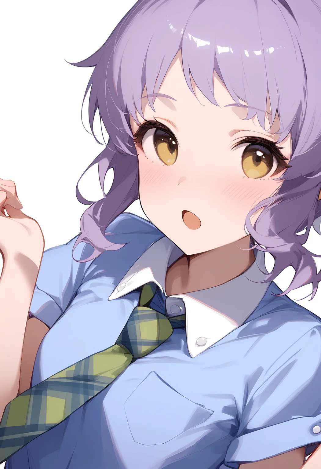 1girl,hands up,looking at viewer,makabe mizuki,open mouth,simple background,solo,upper body,white background,o,blue shirt,blush,dot nose,green necktie,short sleeves,wing collar,collared shirt,flat chest,white shirt,checkered necktie,<lora:a31_char_new_makabe_mizuki-000014:1>masterpiece, best quality, absurdres<lora:a31_style_koni-000010:0.8>