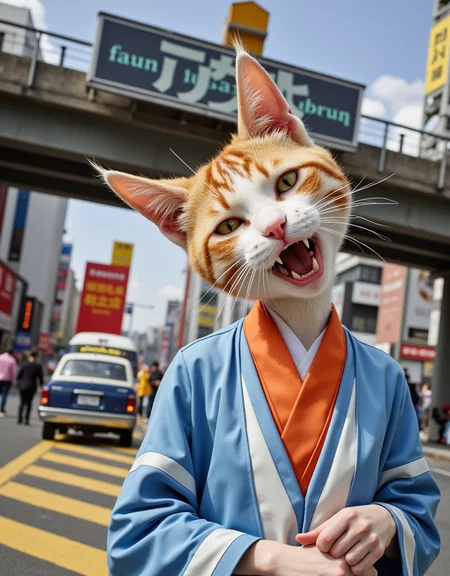 <lora:citybkgv2:1> citybkg, cyberpunk, day, ambiance, sunny, detailed, streets, traffic, futuristic, elevated highway, front view, billboards on buildings, high buildings, low buildings, people, bus station, street marking, stores, shop lights, illuminated, electric poles, signs, photo of a cute angry cat geisha with a detailedf nice japanese outfit in a crowded futuristic city, portrait, wet, neons,