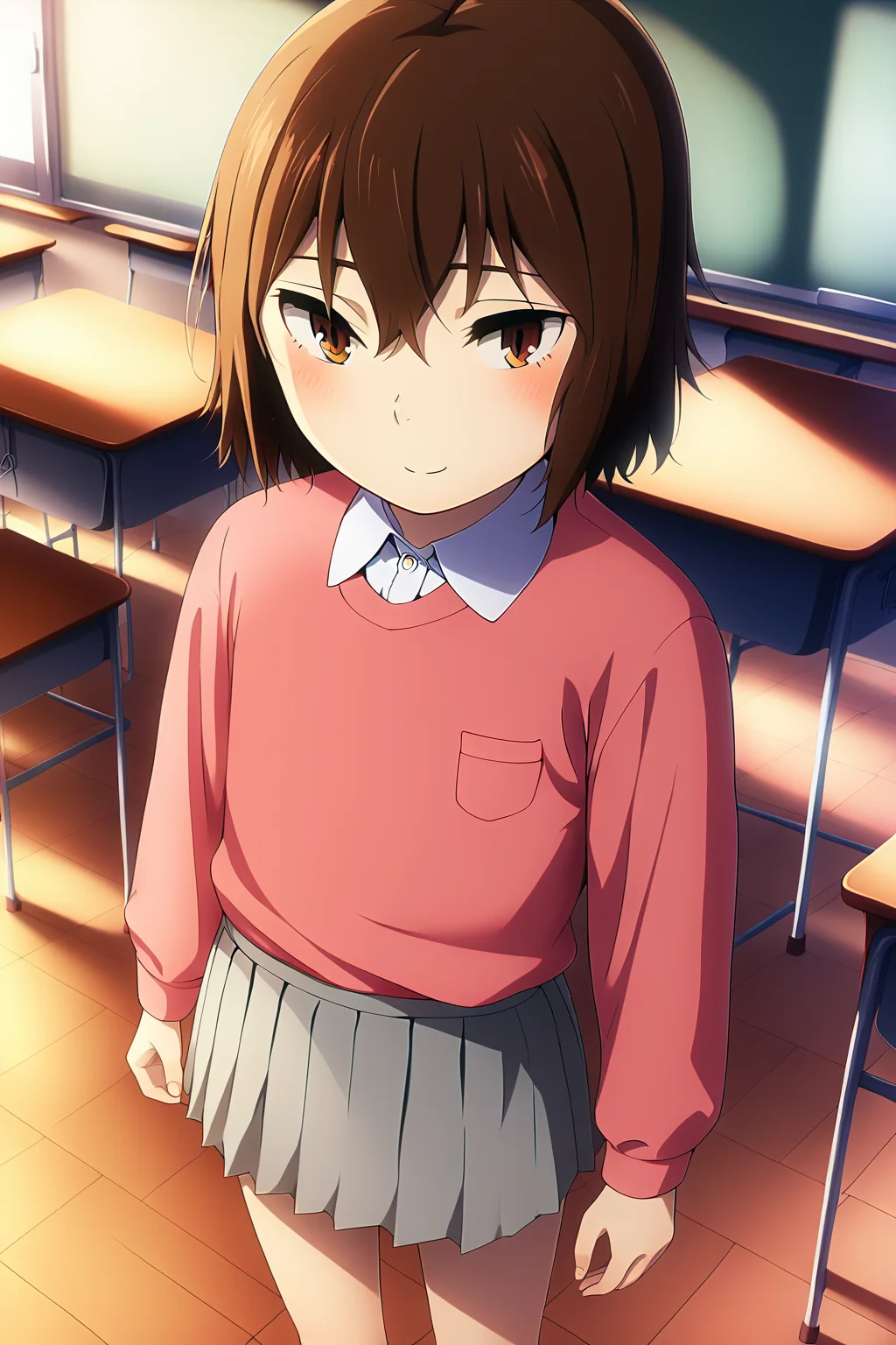 sharp focus, pixiv masterpiece, intricate details, expressionless, source_anime, score_8_up, score_7_up, score_9, kayo_hinazuki, cowboy shot, <lora:kayohinazuki_pony_xl_0.2-000013:1>,coral sweater, white_one_button_collared_shirt, grey skirt, classroom, slightly blushing, smile, from above