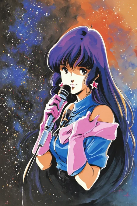 Lynn Minmay,1girl,solo,long hair,purple hair,microphone,gloves,jewelry,earrings,retro artstyle,1980s (style),holding,space,black eyes,looking at viewer,holding microphone,smile,blue background,upper body,star (symbol),pink gloves,star (sky),very long hair,traditional media,watercolor \(medium\),<lora:Haruhiko Mikimoto_XL_V2:0.8>,