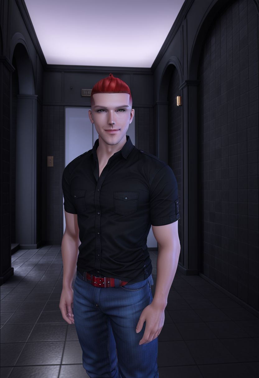 ranapekova, pants, solo, shirt, black shirt, male focus, 1boy, denim, belt, jeans, blue pants, looking at viewer, collared shirt, red hair, short sleeves, indoors, tiles, smile, realistic, portrait, upper body, (((masterpiece))), ((ultra-detailed)),