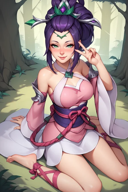 score_9, score_8_up, score_7_up, score_6_up, BREAK, JannaSSPXL, green eyes, purple hair, long hair, hair ornament, forehead, medium breasts, bare shoulders, pink dress, detached sleeves, long sleeves, purple sash, pink ribbon, white skirt, leg ribbon, barefoot, solo, sitting, above view, peace sign, seductive smile, looking at viewer, naughty face, nose blush, forest, tree <lora:JannaSSPXL:0.8>
