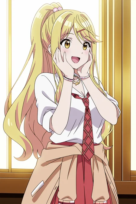 anime screencap, anime coloring, detailed face, masterpiece, best quality, very aesthetic, absurdres, volumetric lighting, amazing quality, ultra detailed,  highres, amazing quality, scenery, beautiful detailed hair, beautiful detailed eyes, perfect face,
 <lora:Akane_Sakuramori_Himari_Ishikura_Shisei_Houjou_and_Maho_Sakuramori_Im_Getting_Married_to_a_Girl_I_Hate_in_My_Class:1>
Himari uniform (outfit), Himari Ishikura (character), 1girl, blonde hair, yellow eyes, solo, jewelry, long hair, hair ornament, ponytail, hands on own cheeks, necktie, smile, hands on own face, open mouth, hairclip, school uniform, cowboy shot, happy girl, smile