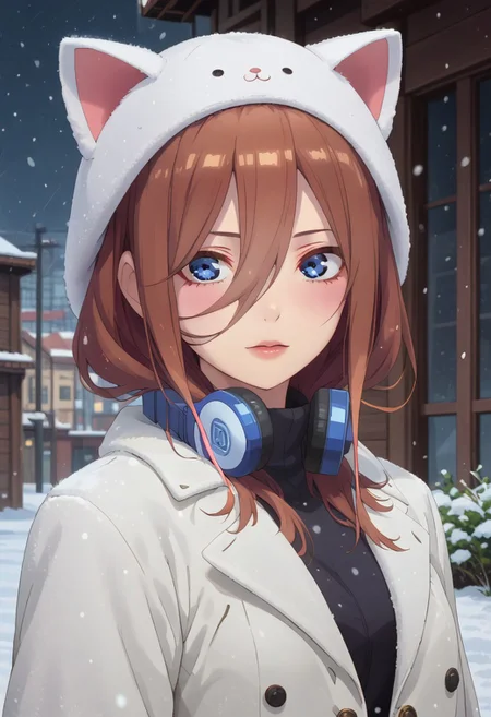 score_9,score_8_up,score_7_up,score_6_up, source_anime, woman, dynamic pose, depth of field, dynamic angle, fashion photography, sharp, hyperdetailed:1.15
BREAK
miku nakano, long hair, bangs, blue eyes, brown hair,earphones, hair between eyes, , ,, medium breasts, , , slim body, extreme face detail
BREAK
, half body, waist up,white hat,cat ear hat,snow coat,outside,snowfall, pose sexy
