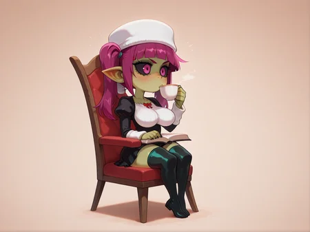 1girl, Riruka Dokugamine, Bleach,â
writing in a journal while sipping tea in a big chair,
<lora:Darkfire_Deep_Gobbo:1> d33pgobbo, goblin girl, green skin, black sclera, shortstack