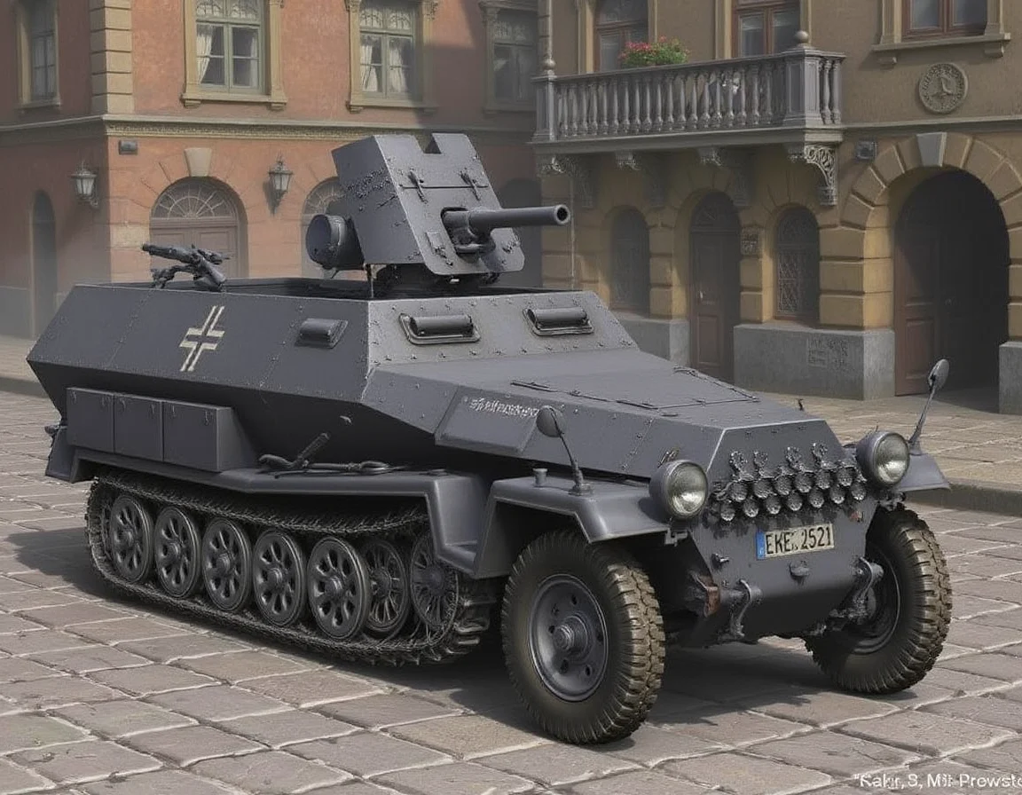 , <lora:sd-kfz-251-10:1>sd-kfz-251-10:ã
A German WWII combat vehicle equipped with a 37mm anti-tank gun on an open-top half-track.Three-quarter view.German identification mark of a cross.no humans.City streets, cobblestones, red brick, and plumes of smoke.