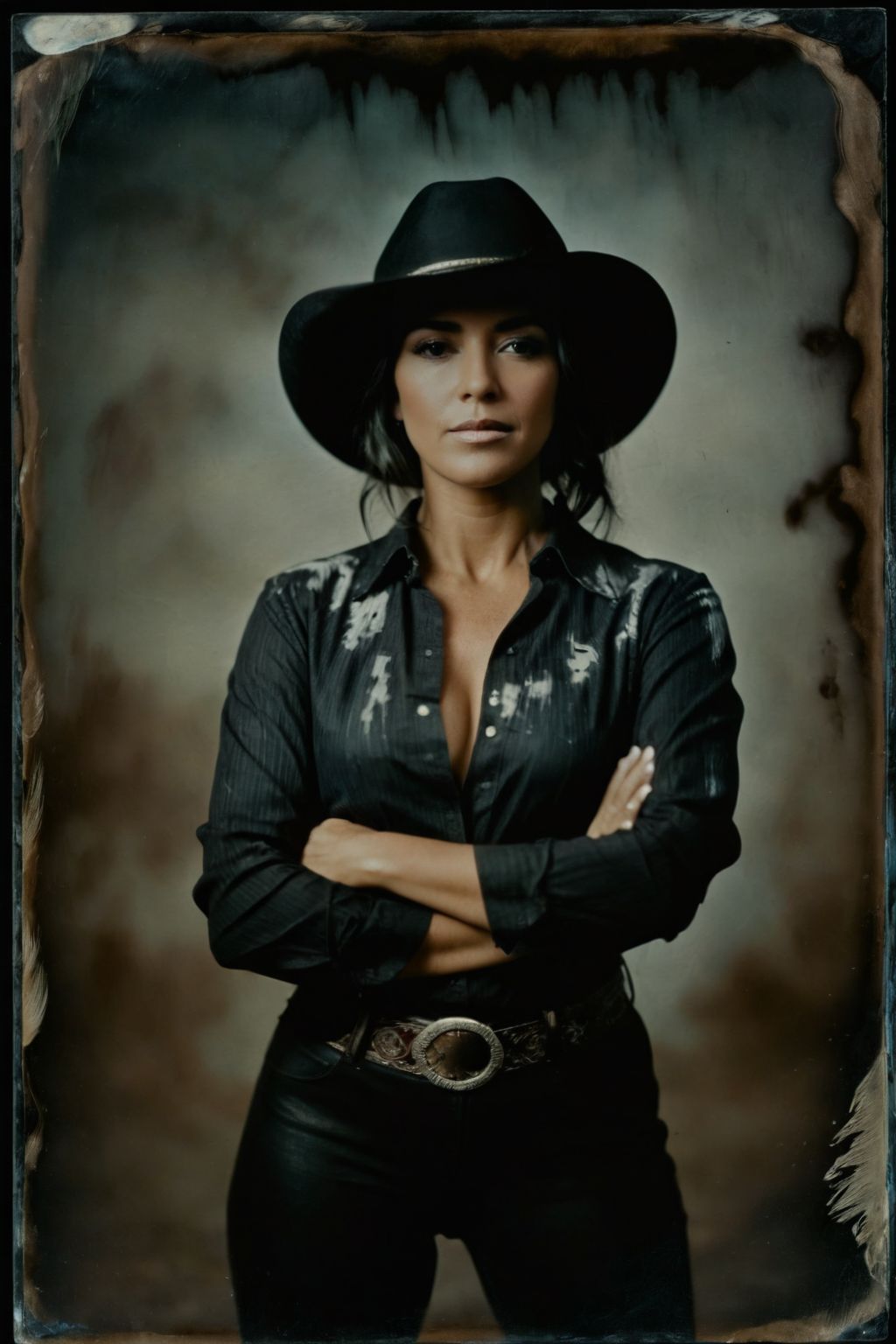 (wetplatecollodion:1.2),
vintage photograph,
a latin woman wearing cowgirl outfit, elegant, elbows out,
silhouette, nature,
selective focus, smears, washed out
<lora:Wet Plate Collodion_SDXLBase-v2:0.85>
<lora:fix_hands:1>