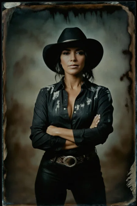 (wetplatecollodion:1.2),
vintage photograph,
a latin woman wearing cowgirl outfit, elegant, elbows out,
silhouette, nature,
selective focus, smears, washed out
<lora:Wet Plate Collodion_SDXLBase-v2:0.85>
<lora:fix_hands:1>
